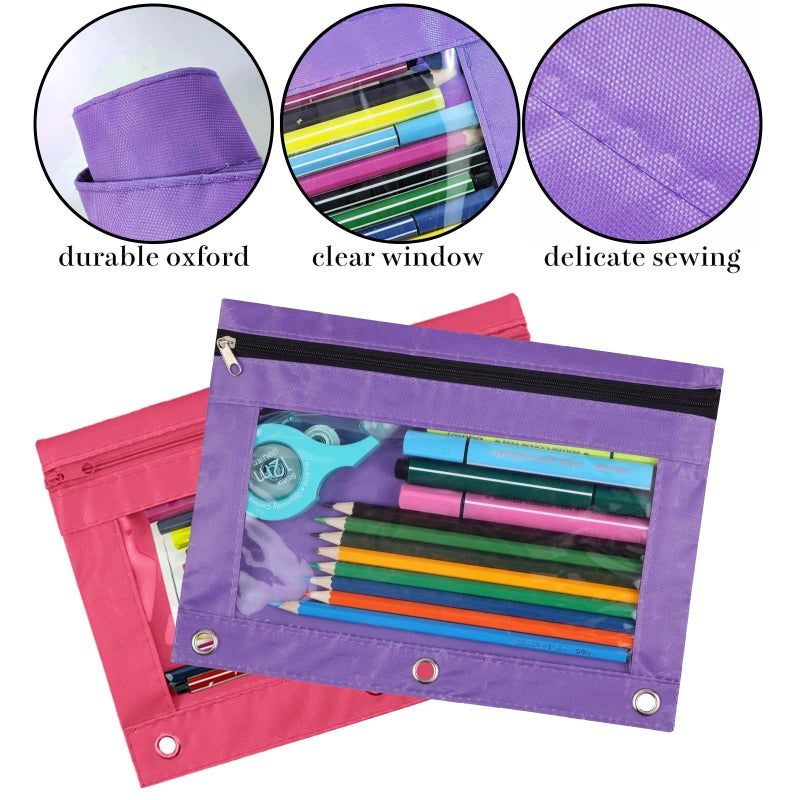 WODISON 3-Ring Pen Pencil Pouch with Clear Window Stationery Bag Binder Case Classroom Organizers Pink - Image 3